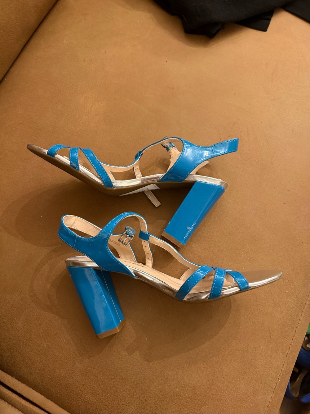 Y2K Franco Sarto Blue Patent Block Heel Sandals - Women's Strappy Dress Heels